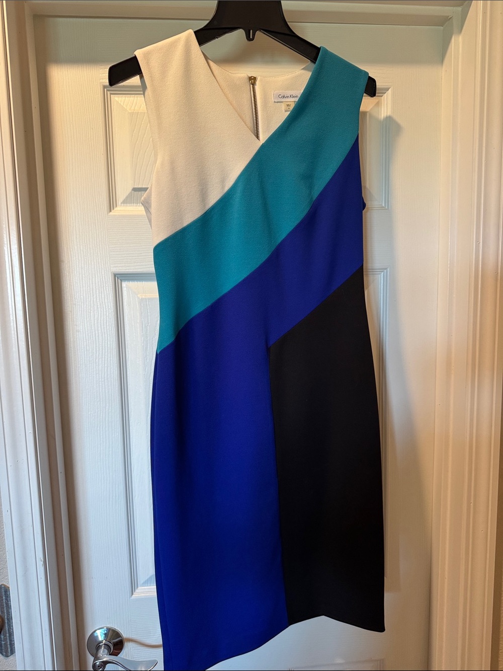 Calvin Klein Colorblock Sheath Dress in White, Teal, Royal Blue & Black